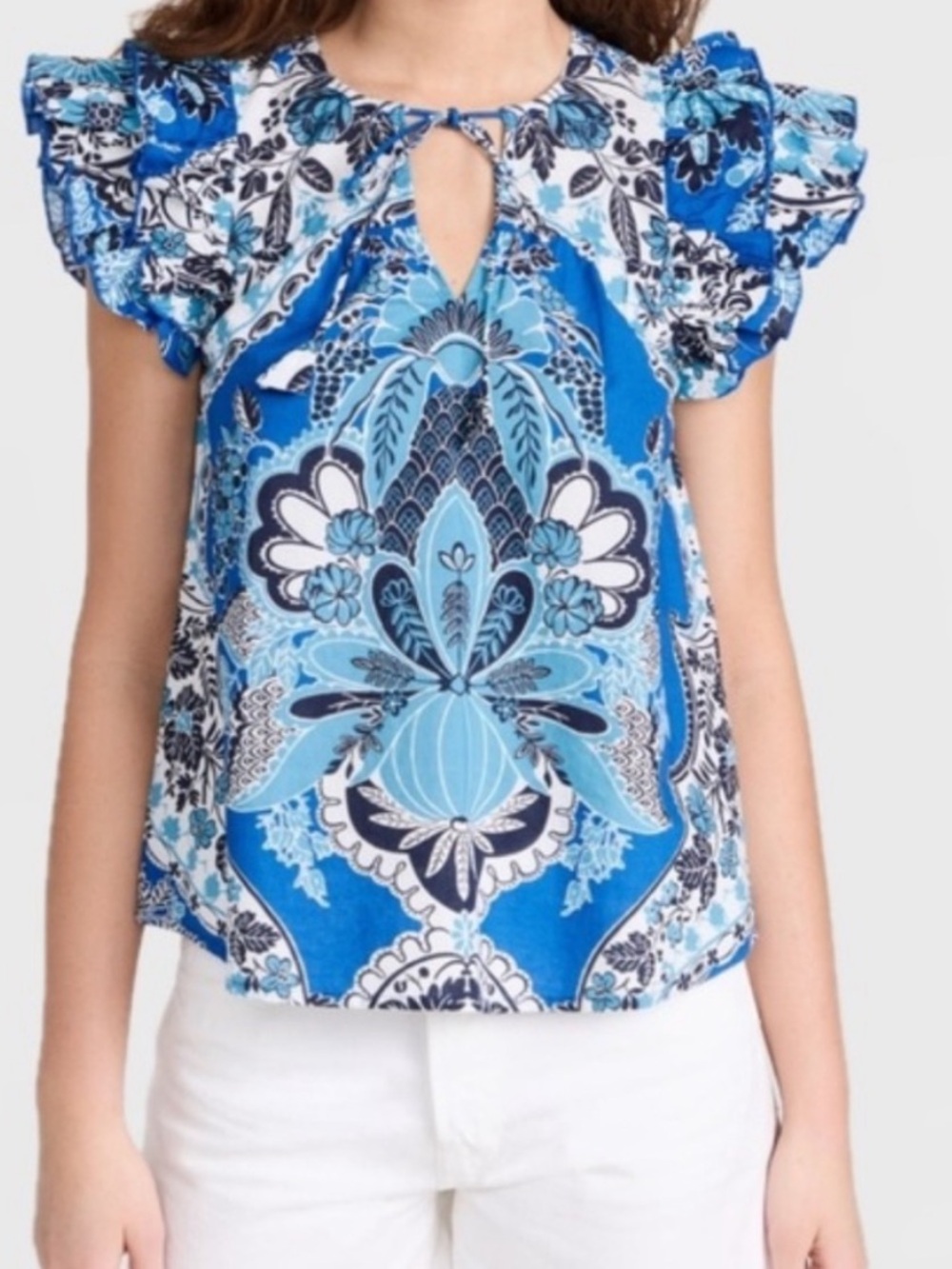 Love the label poppy blue print cotton voile flutter sleeve blouse sz m